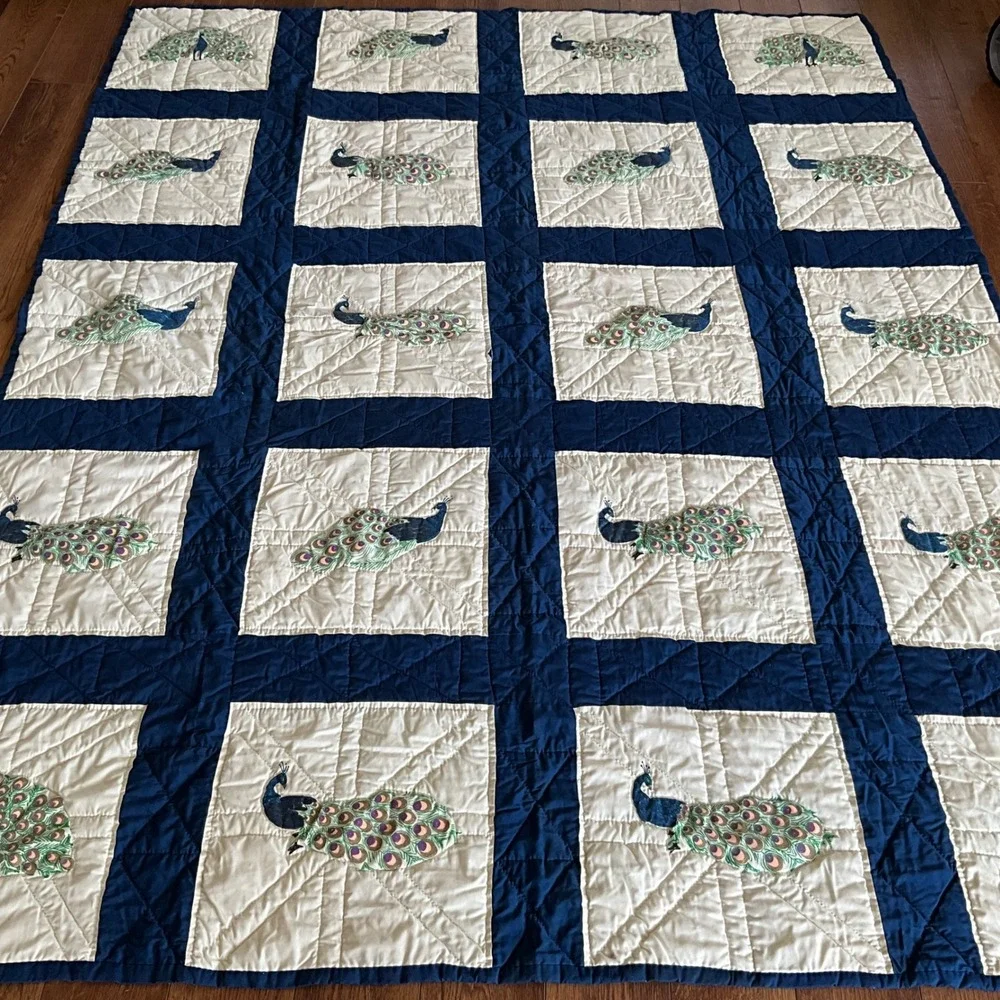 Vintage Style Peacock Applique Hand Quilted Navy Blue White Cotton Quilt Blanket